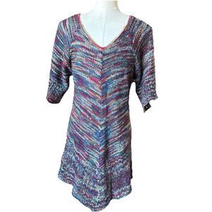 Vtg Faded Glory Women's Sz S/M Short Sleeve Double V Multicolor Sweater Knit